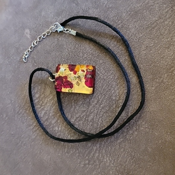 MURANO Rectangle Red Gold Metallic Art Glass Pendant Rope Necklace - Picture 2 of 5